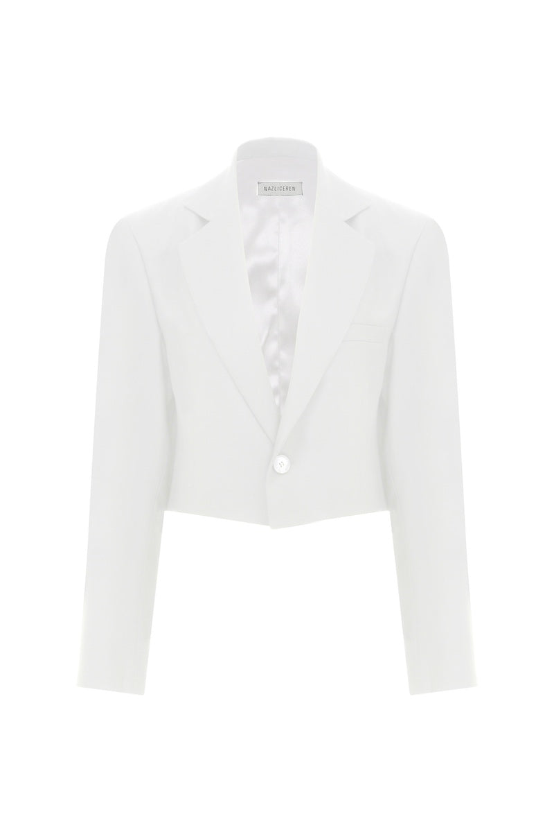 Nazlı Ceren Boxy satin cropped jacket in vanilla ice, featuring a sleek design and smooth satin fabric.
