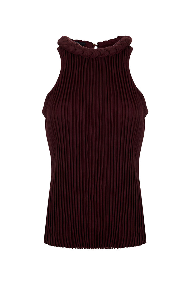 Wine red braided furrows top by MAZ Manuela Álvarez, featuring textured stitching and a stylish, casual shirt design.