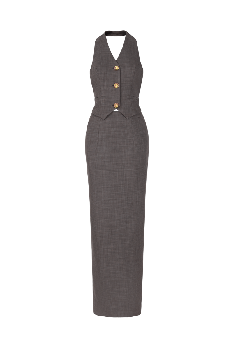 Valenciani NORA halter backless cotton vest and skirt co-ords set displayed on a mannequin, showcasing stylish summer fashion.
