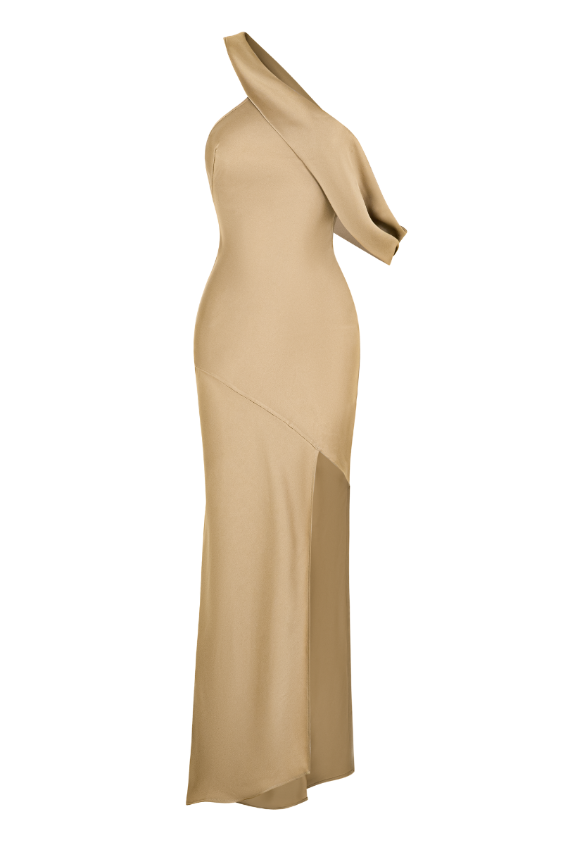 HURLEY ASYMMETRIC DIAGONAL NECK SILK BLEND MIDI DRESS - CULT MIA