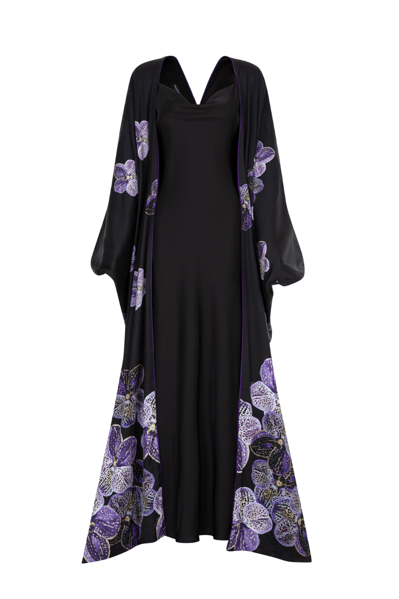Valenciani Long Purple Floral Cape and Black Strap Dress