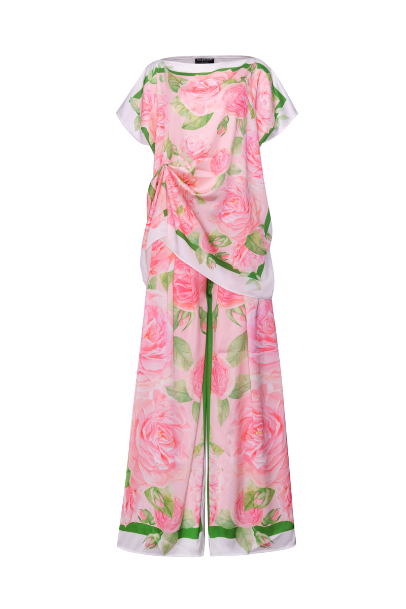LILIANE SHORT SLEEVED SILK TOP AND WIDE-LEG PANTS SET - CULT MIA