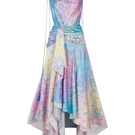 Valenciani Jeanne asymmetrical sleeveless silk satin floor-length midi dress displayed on a model.