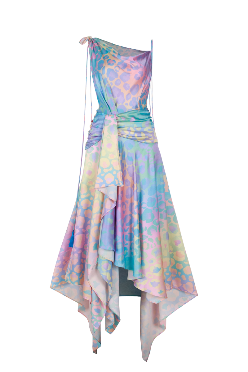 JEANNE ASYMMETRIC SLEEVELESS SILK SATIN FLOOR LENGTH DRESS - CULT MIA