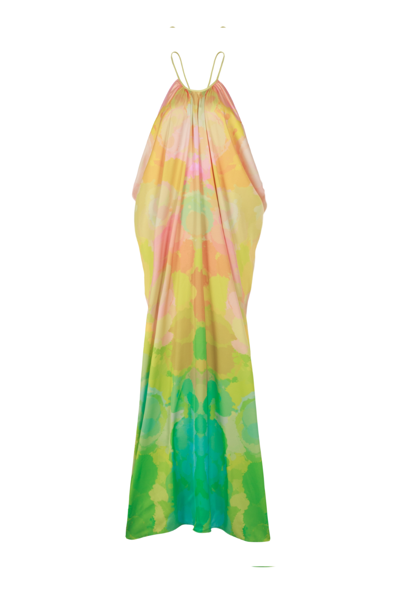 ARMANDE HALTER GATHERED SILK SATIN FLOOR LENGTH DRESS - CULT MIA