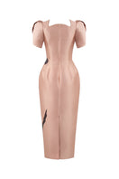 Beige Breath of Meadow Iris Midi Dress by Tiny Ink featuring a flowy silhouette and floral patterns on soft fabric.