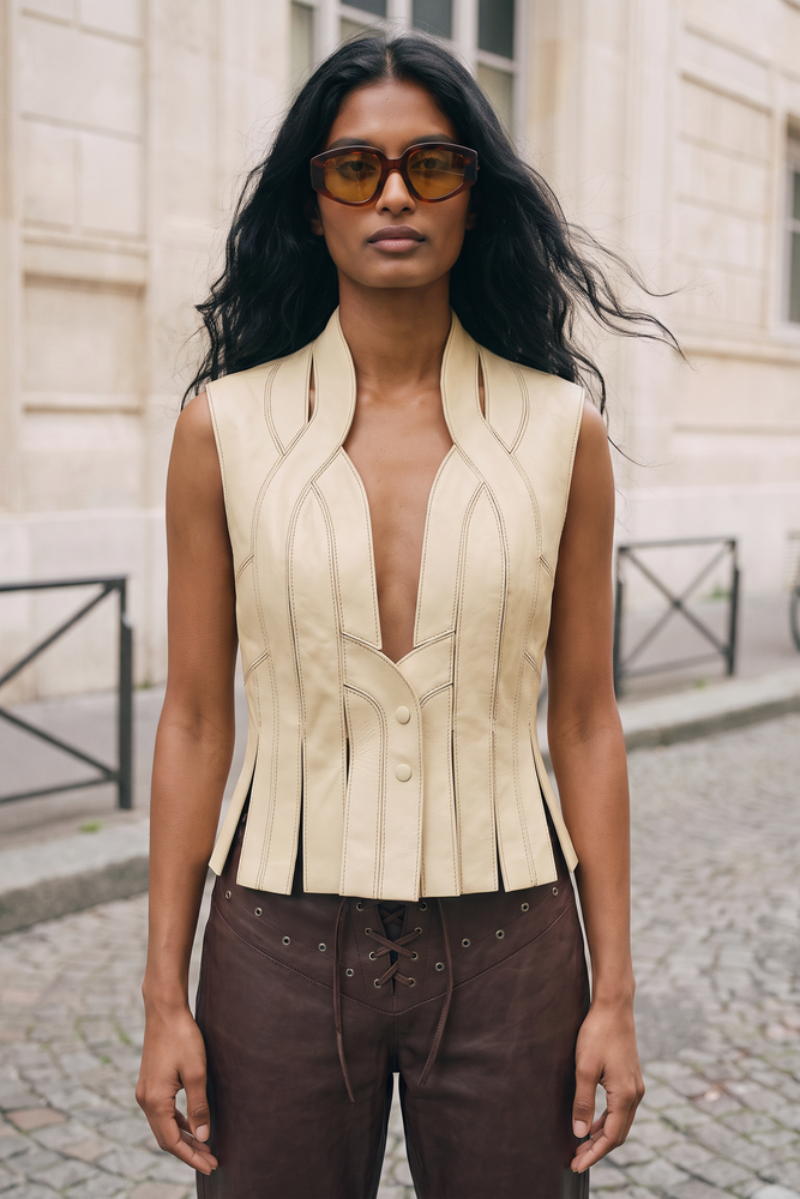 Yellow beige CULT MIA X Double A Brianna vest made of leather, featuring a stylish double A design on the front.