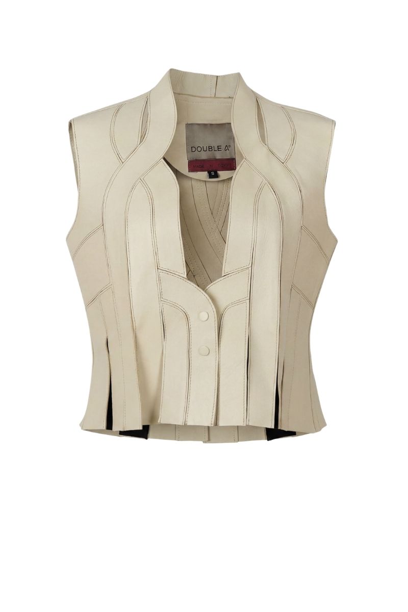 Double A Brianna vest in butter yellow beige, sleeveless design with leather texture and stylish fit.