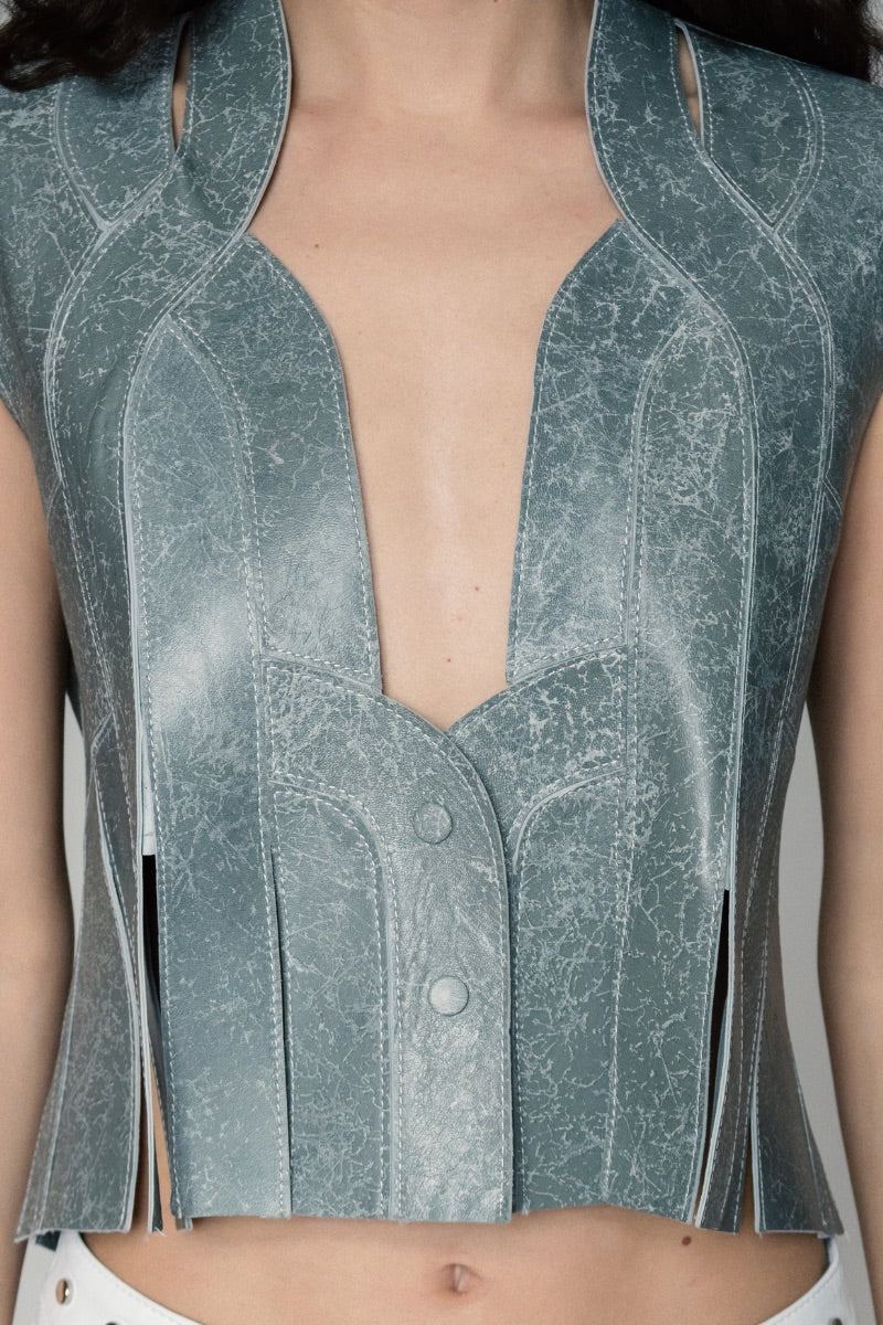 Gray leather vest by Double A, Briana II style, with a fitted design and detailed stitching, displayed on a mannequin.