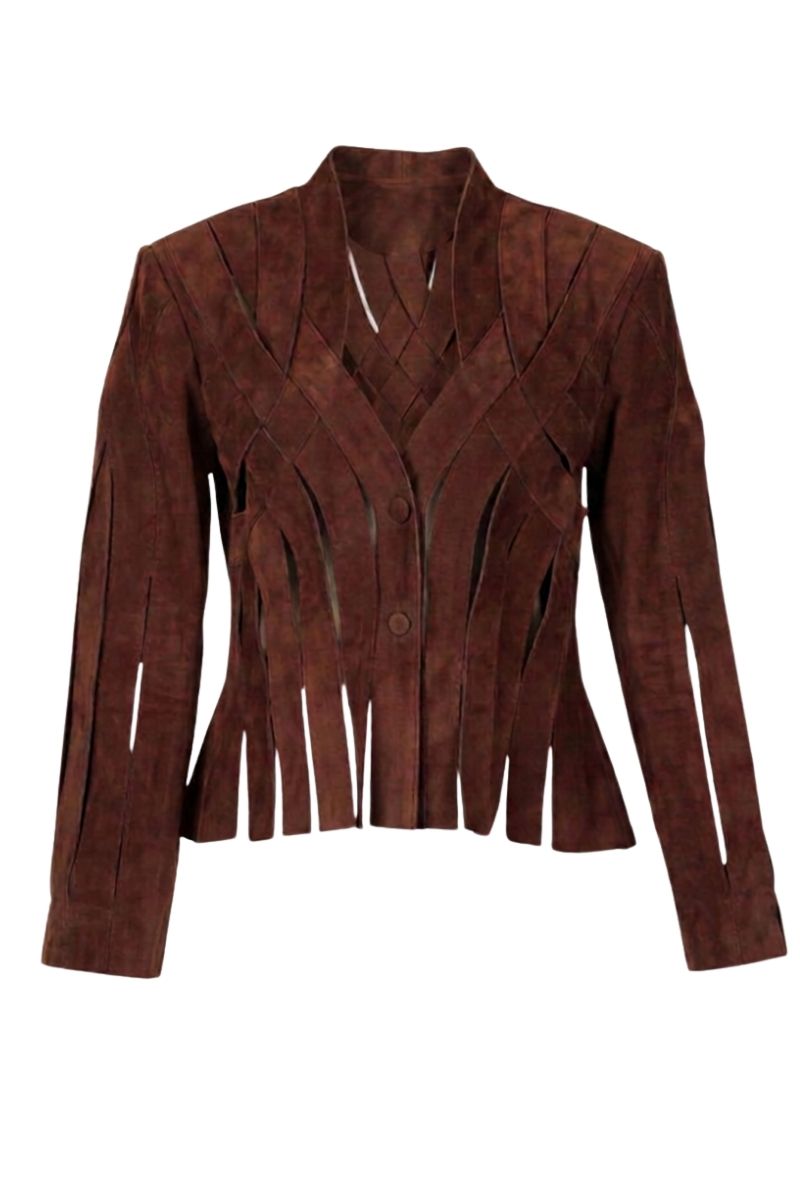 Double A Brianna suede brown jacket, stylish and fitted, shown on a model with front view and detailed collar in the image.