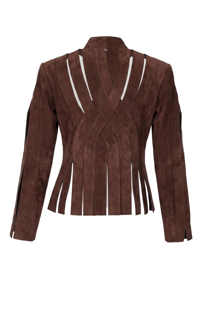 Double A Brianna suede brown jacket, stylish women's outerwear with a classic fit and soft texture, shown in a close-up image.
