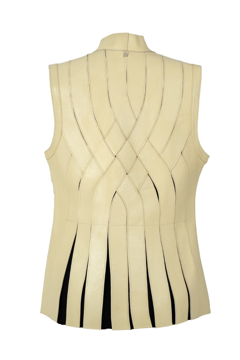 Double A Brianna leather vest in butter yellow, stylish sleeveless vest with smooth leather texture and tailored fit.