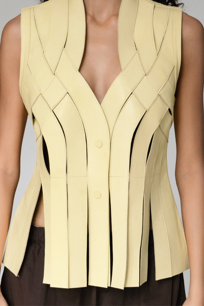 Double A Brianna leather vest in butter yellow, sleeveless design with a fitted silhouette and smooth leather texture.