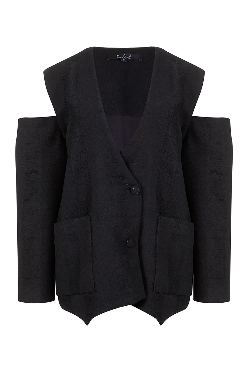 Black Bridge Weave blazer suit by MAZ Manuela Álvarez featuring a tailored fit and classic design for sophisticated style.