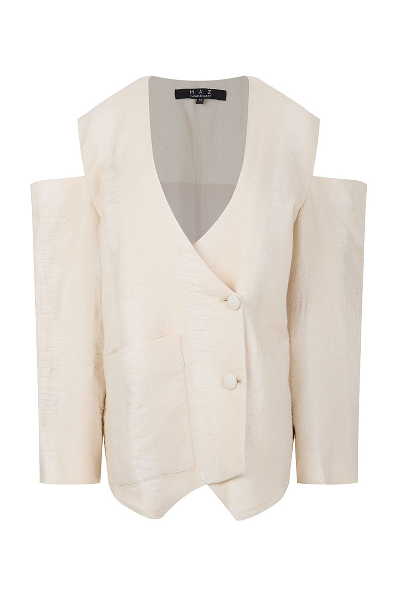 Maz Manuela Álvarez ivory Bridge Weave blazer suit, tailored with a structured fit and stylish lapels, perfect for elegant occasions.