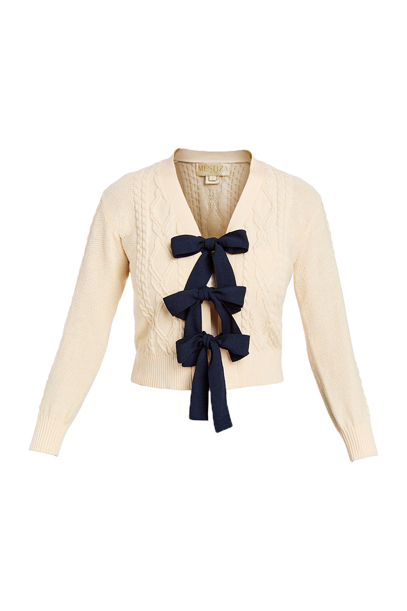 Mestiza New York Brigitta Bow Cardigan in ivory, cozy sweater with bow details, soft knit fabric, and fitted style.