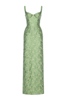 Elegant Montsand brocade bamboo gown with intricate embroidery, flowing fabric, and a sophisticated silhouette.