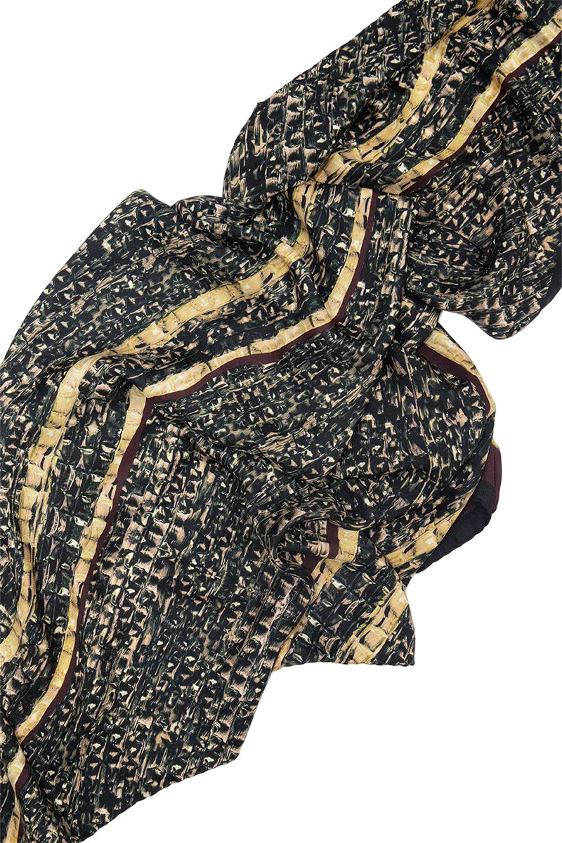 Brown Brocot silk scarf by Amel Batita featuring intricate brocot pattern and elegant design, displayed flat with detailed craftsmanship.