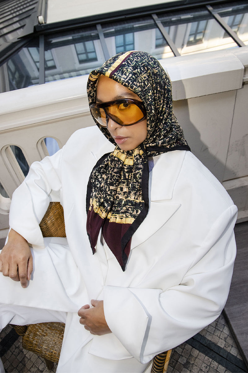 Brown Brocot silk scarf by Amel Batita featuring intricate brocot pattern, stylish headscarf or neck accessory.