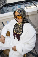 Brown Brocot silk scarf by Amel Batita, featuring intricate brocot pattern, perfect for stylish head or neck wear.