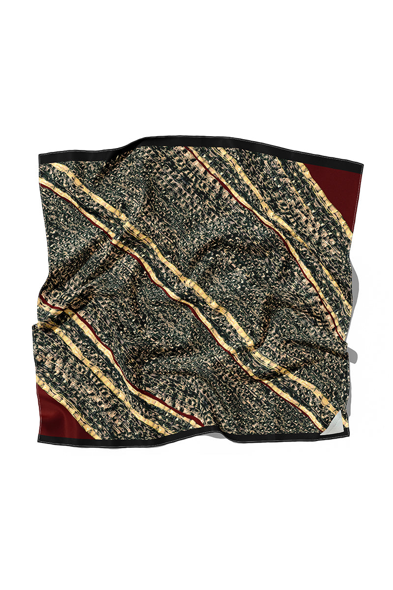 Brown Brocot silk scarf by Amel Batita, featuring elegant woven pattern and soft texture, displayed flat.