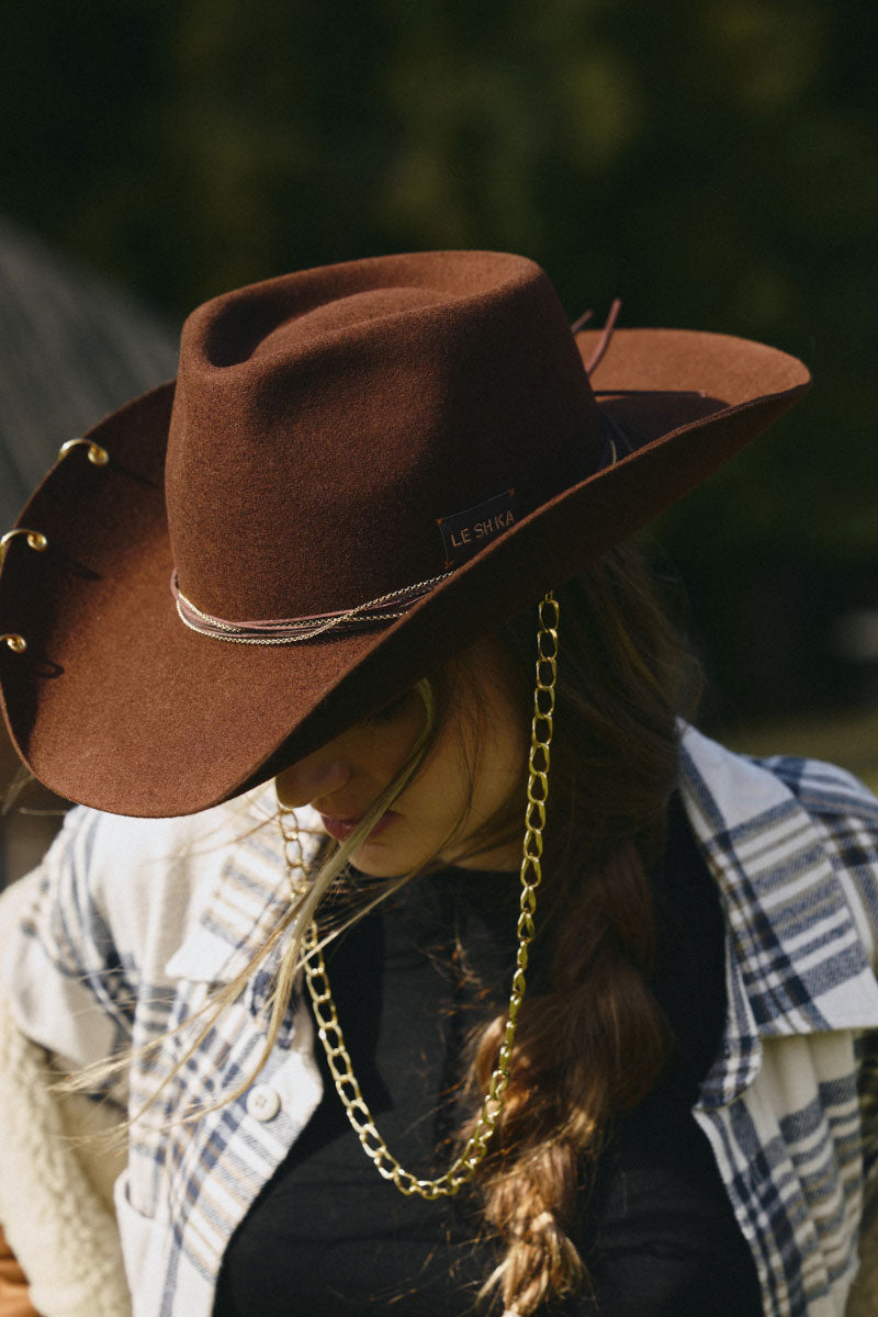 Brown cowboy hat by LE SH KA, featuring a classic wide brim and leather band, styled for Western or casual wear.