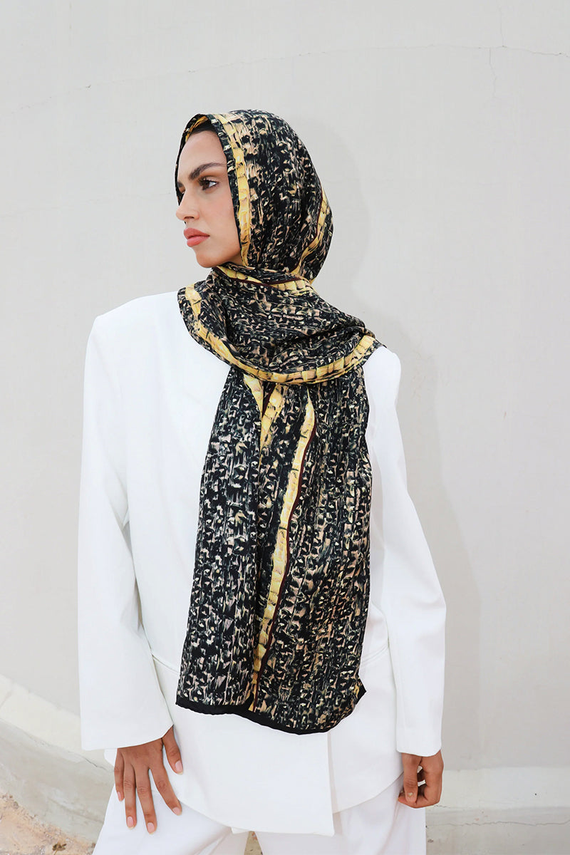 Brown Brocot silk scarf by Amel Batita, stylish hijab or accessory with elegant brocot pattern and soft fabric.