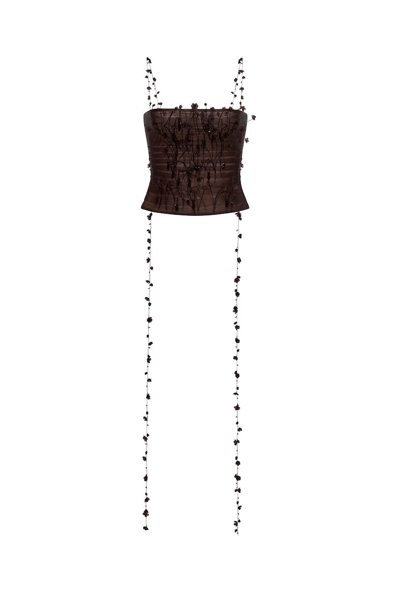 Brown 3D floral strap top by Montsand, featuring textured floral details and a stylish strap design for a trendy look.