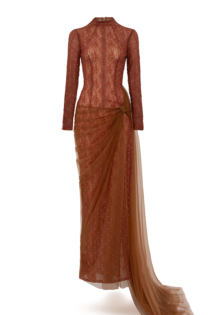 BROWN BODYCON LONG SLEEVED ORGANZA MAXI DRESS - CULT MIA
