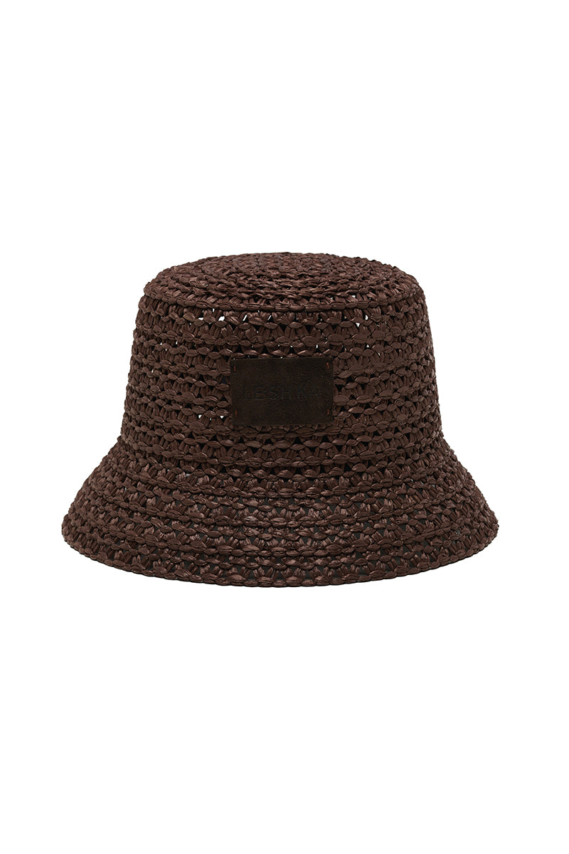 Brown bucket hat by LE SH KA featuring a casual wide-brim design and soft fabric for stylish sun protection.