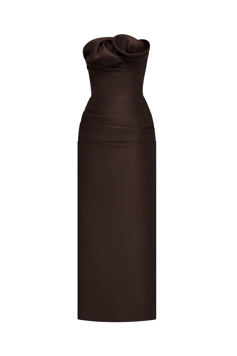 BROWN DRAPED TUBE MIDI DRESS - CULT MIA