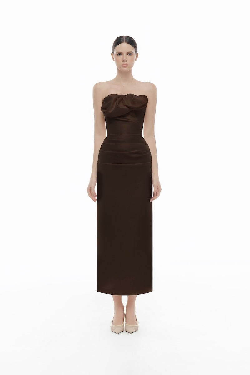 BROWN DRAPED TUBE MIDI DRESS - CULT MIA