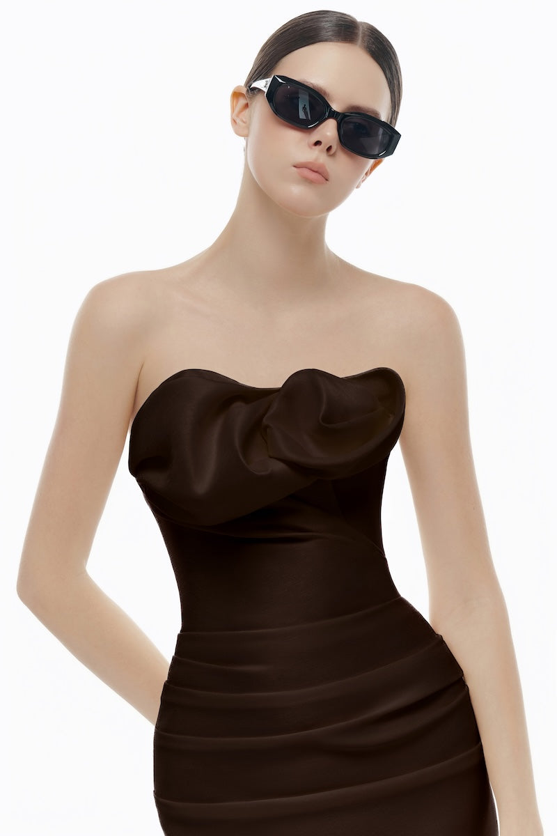 BROWN DRAPED TUBE MIDI DRESS | CULT MIA