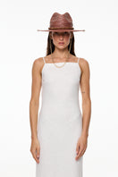 Brown Panama fedora hat by LE SH KA featuring a classic woven straw design and a contrasting band for stylish sun protection.
