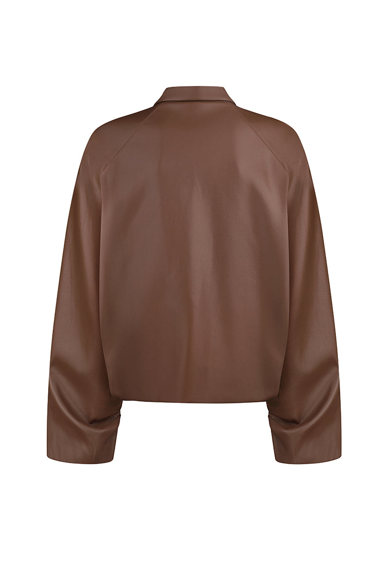 Brown bomber jacket in fox leather by ELENAREVA, featuring a stylish design with a sleek, smooth texture and classic fit.