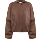 Brown bomber jacket in fox leather by ELENAREVA, shown in a close-up image highlighting the textured leather material and stylish design.