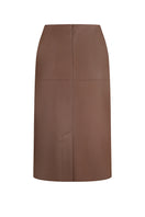 Brown midi skirt in fox leather by ELENAREVA, showing a stylish knee-length skirt with a smooth leather finish.