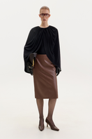 Brown midi skirt in fox leather by ELENAREVA, featuring a sleek, smooth texture and a stylish midi length.
