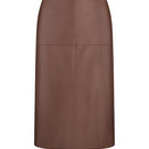 Brown ELENAREVA midi skirt made of fox leather, stylish and sleek, shown on a model with a fitted waist and flowing length.