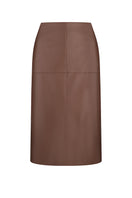 Brown ELENAREVA midi skirt made of fox leather, stylish and sleek, shown on a model with a fitted waist and flowing length.
