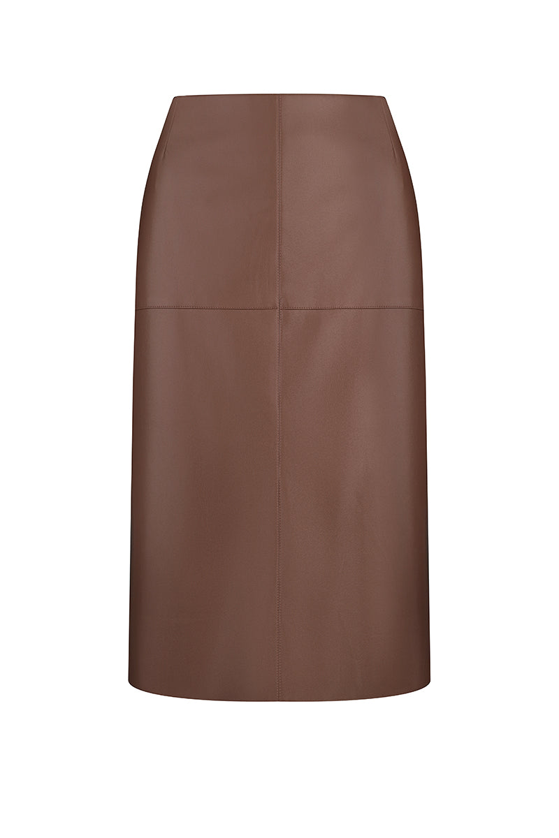 Brown ELENAREVA midi skirt made of fox leather, stylish and sleek, shown on a model with a fitted waist and flowing length.
