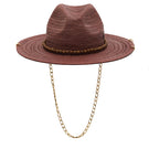 Brown Panama fedora hat by LE SH KA with a classic woven design and a wide brim for stylish sun protection.