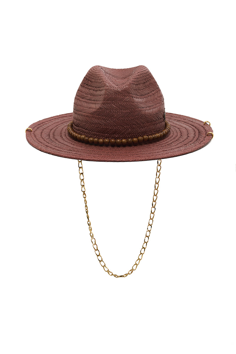 Brown Panama fedora hat by LE SH KA, featuring a classic wide brim and woven straw design.