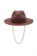 Brown Panama fedora hat by LE SH KA with a classic woven design and a wide brim for stylish sun protection.