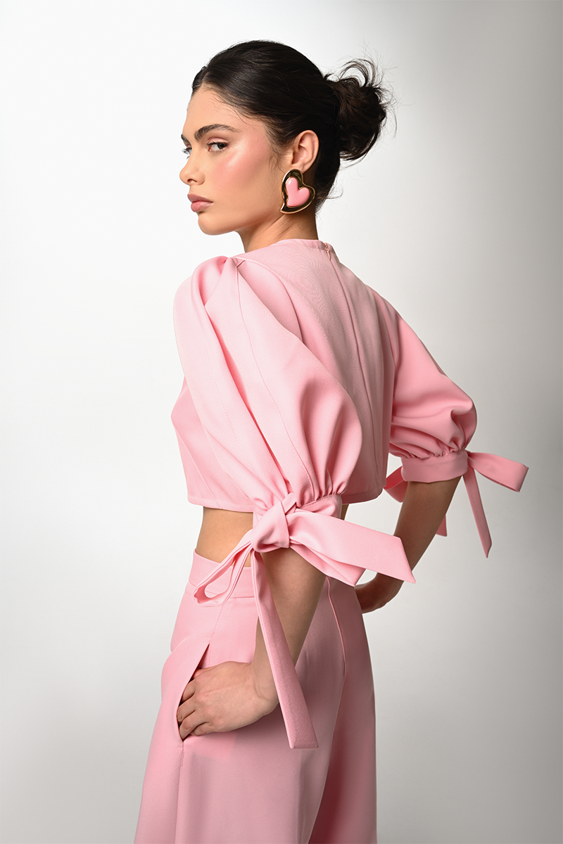 Pink Bubble Bow Top by Liya, stylish women's top with puffed sleeves and a playful bubble bow detail.