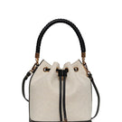 Saonara black leather and linen bucket bag with shoulder strap, stylish and versatile fashion accessory.