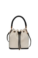 Saonara black leather and linen bucket bag with shoulder strap, stylish and versatile fashion accessory.