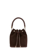 Saonara chocolate suede bucket bag with shoulder strap, stylish and spacious design for everyday use.