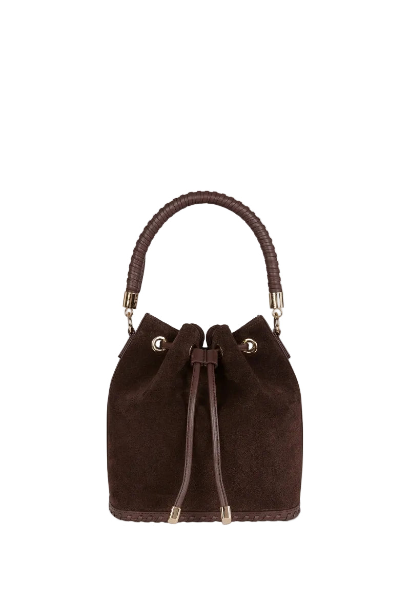 Saonara chocolate suede bucket bag with shoulder strap, stylish and spacious design for everyday use.