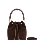 Saonara chocolate suede bucket bag with shoulder strap, stylish and spacious for everyday use.